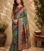 teal green printed chanderi cotton ready to wear saree with unstitched blouse