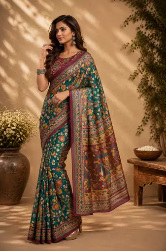 teal green printed chanderi cotton ready to wear saree with unstitched blouse