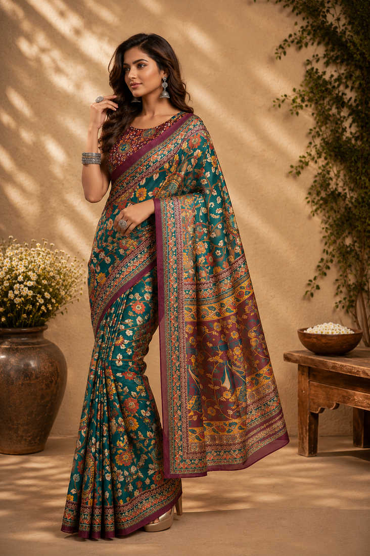 teal green printed chanderi cotton ready to wear saree with unstitched blouse