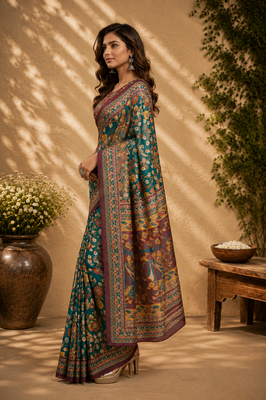 teal green printed chanderi cotton ready to wear saree with unstitched blouse 3