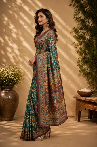 teal green printed chanderi cotton ready to wear saree with unstitched blouse