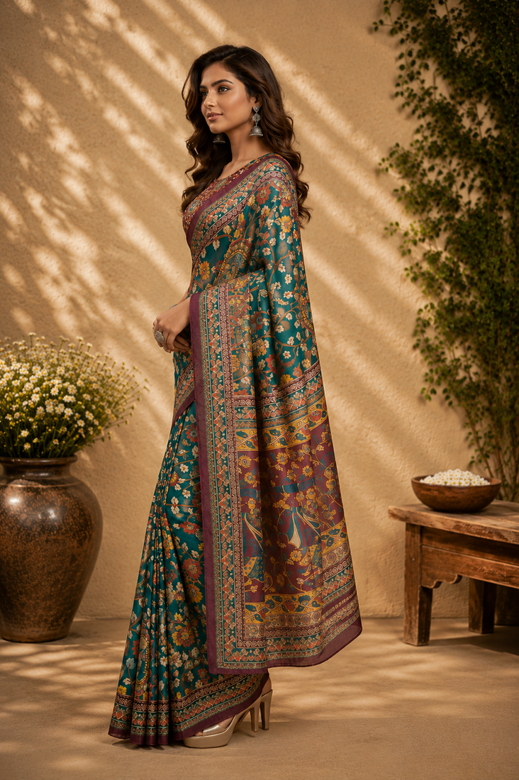 teal green printed chanderi cotton ready to wear saree with unstitched blouse