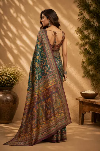 teal green printed chanderi cotton ready to wear saree with unstitched blouse