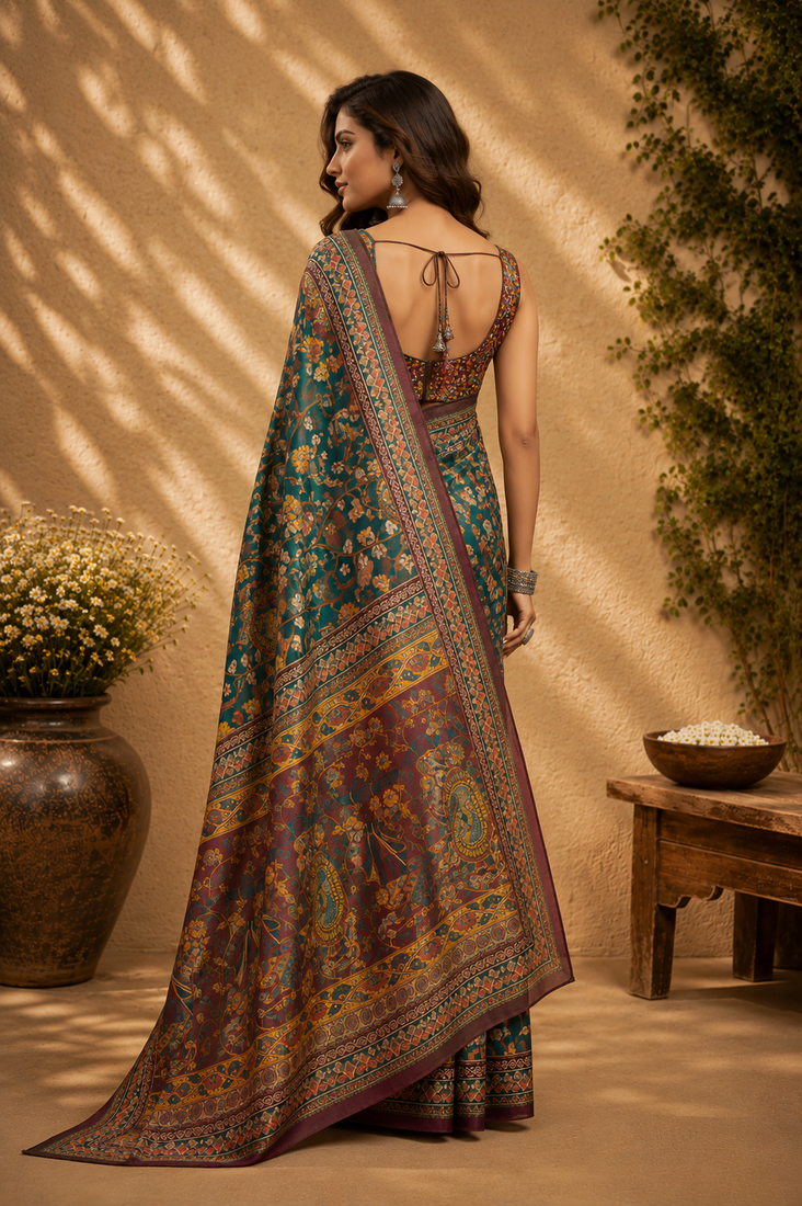 teal green printed chanderi cotton ready to wear saree with unstitched blouse