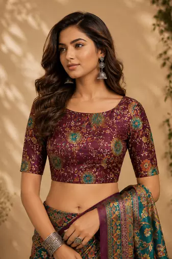 teal green printed chanderi cotton ready to wear saree with unstitched blouse