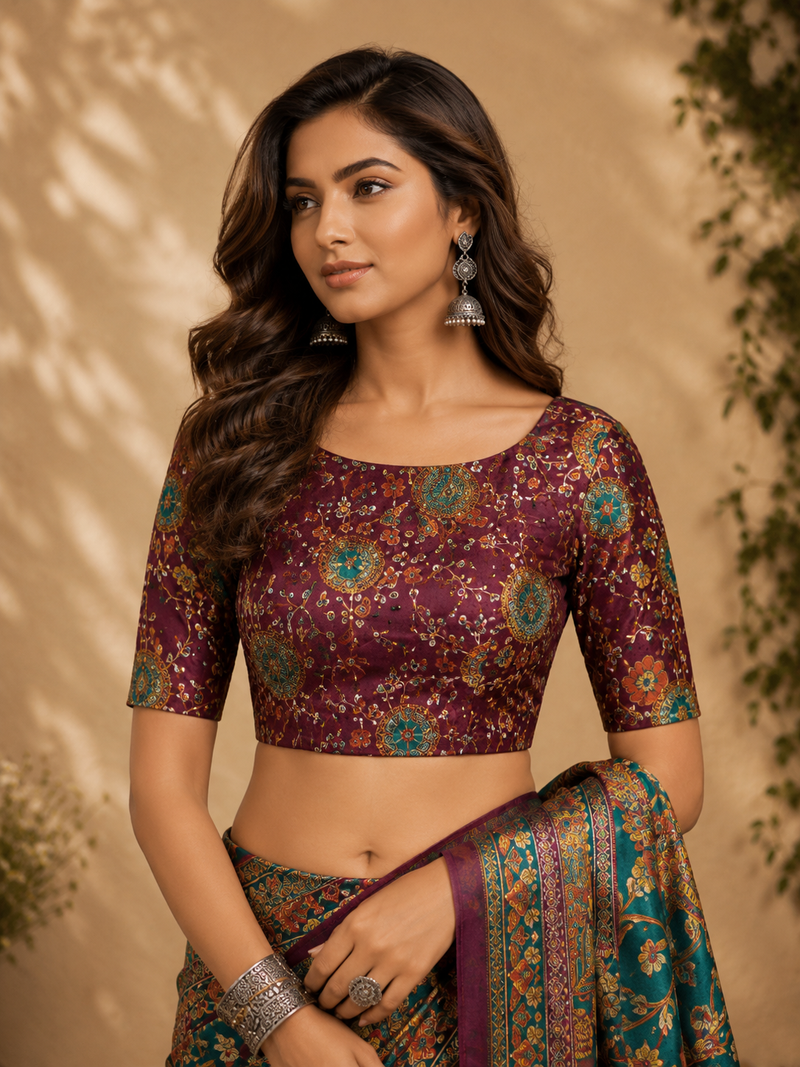 teal green printed chanderi cotton ready to wear saree with unstitched blouse