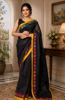 black printed chanderi cotton ready to wear saree with unstitched blouse 1