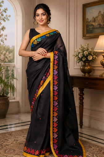black printed chanderi cotton ready to wear saree with unstitched blouse