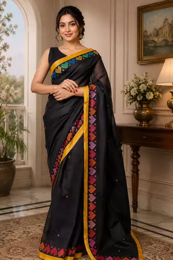 black printed chanderi cotton ready to wear saree with unstitched blouse