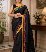 black printed chanderi cotton ready to wear saree with unstitched blouse