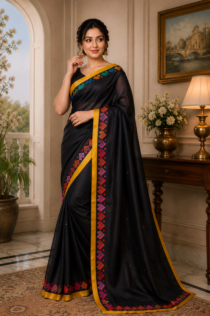 black printed chanderi cotton ready to wear saree with unstitched blouse