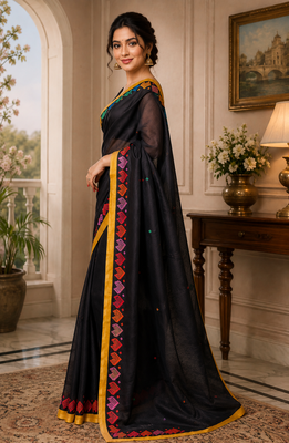 black printed chanderi cotton ready to wear saree with unstitched blouse 3