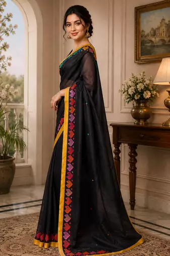 black printed chanderi cotton ready to wear saree with unstitched blouse