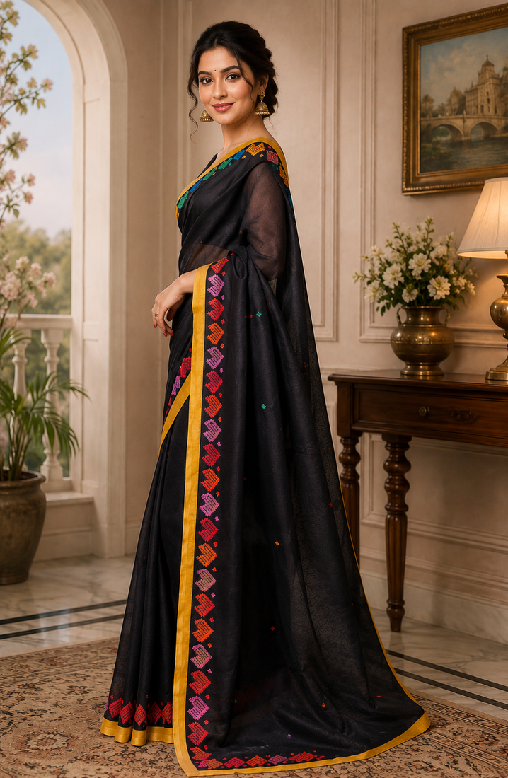 black printed chanderi cotton ready to wear saree with unstitched blouse