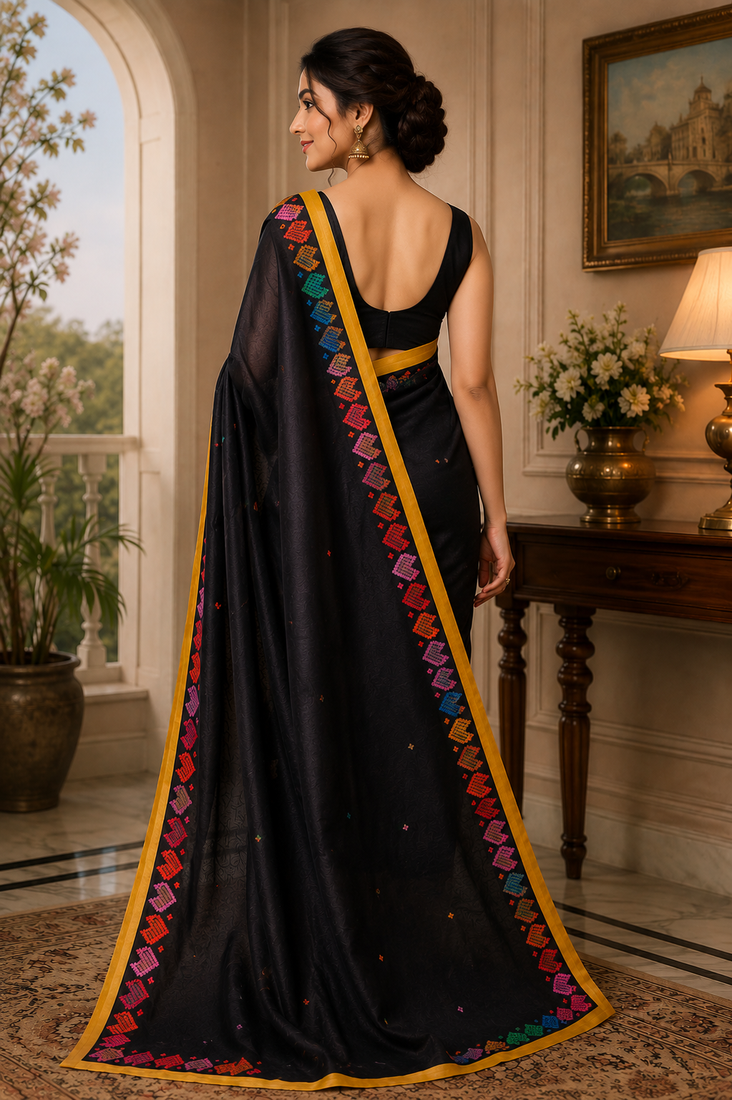 black printed chanderi cotton ready to wear saree with unstitched blouse