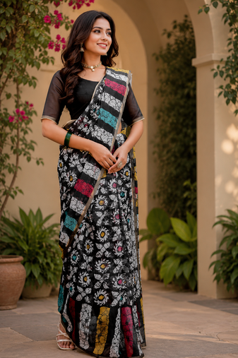 black white printed chanderi cotton ready to wear saree with unstitched blouse