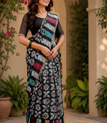 black white printed chanderi cotton ready to wear saree with unstitched blouse
