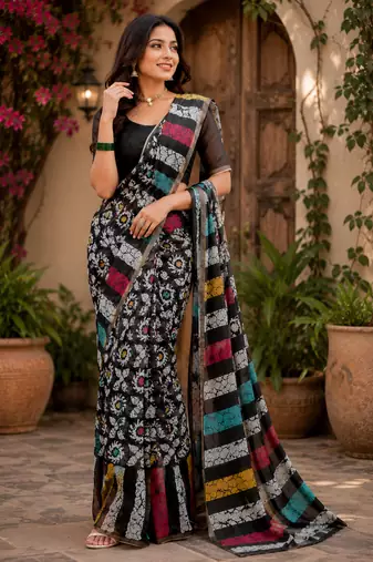 black white printed chanderi cotton ready to wear saree with unstitched blouse