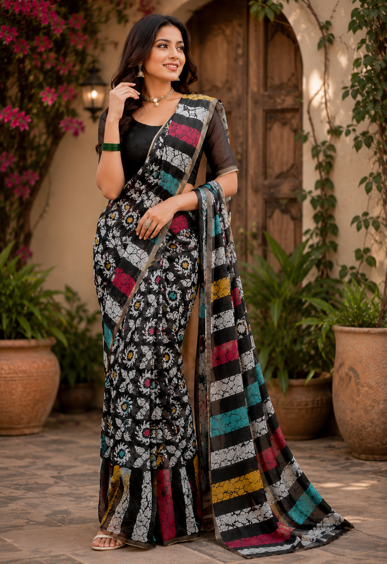 black white printed chanderi cotton ready to wear saree with unstitched blouse