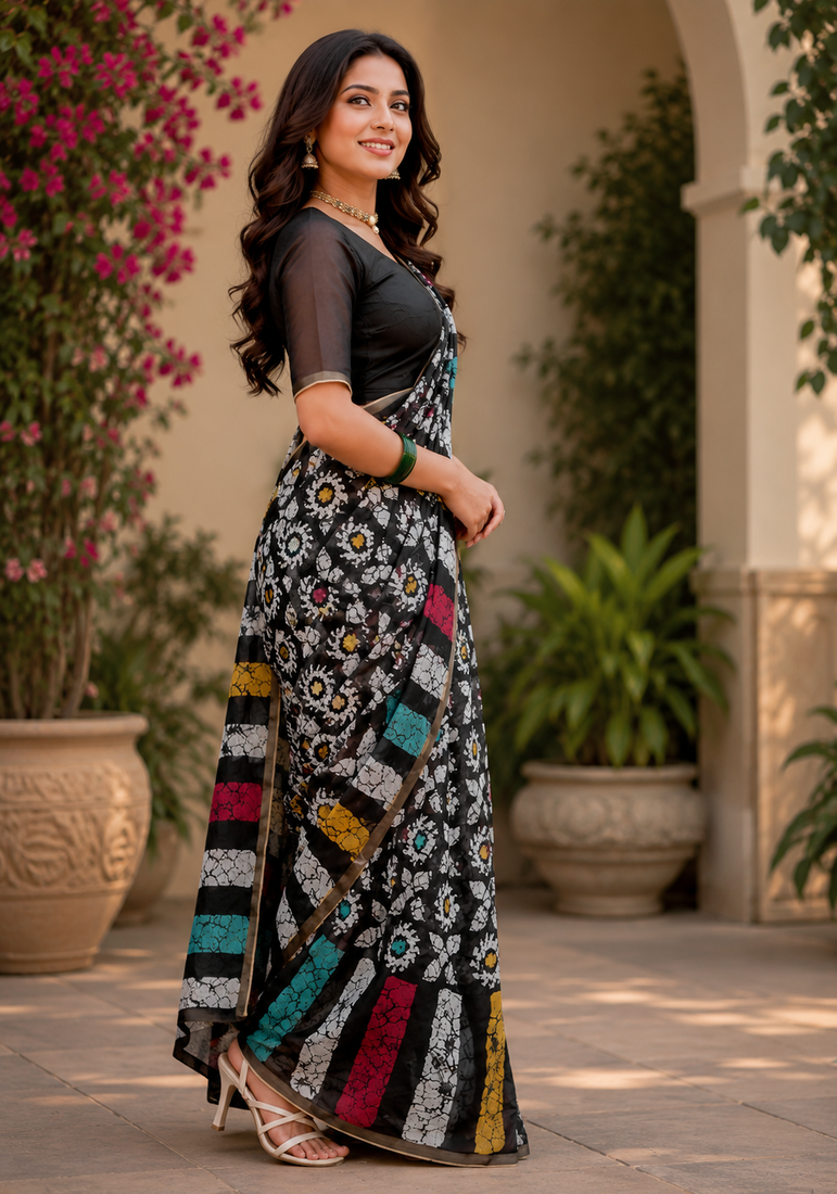 black white printed chanderi cotton ready to wear saree with unstitched blouse