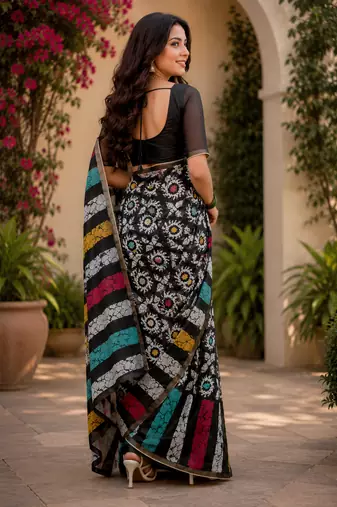 black white printed chanderi cotton ready to wear saree with unstitched blouse