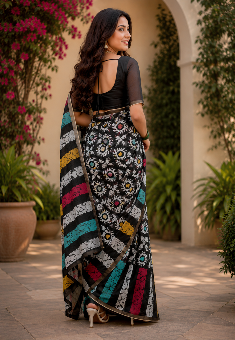 black white printed chanderi cotton ready to wear saree with unstitched blouse
