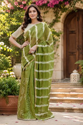 green printed chanderi cotton ready to wear saree with unstitched blouse 1