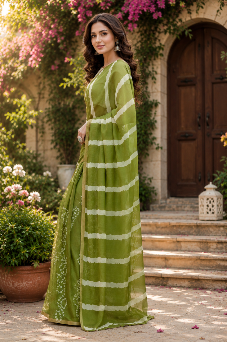 green printed chanderi cotton ready to wear saree with unstitched blouse