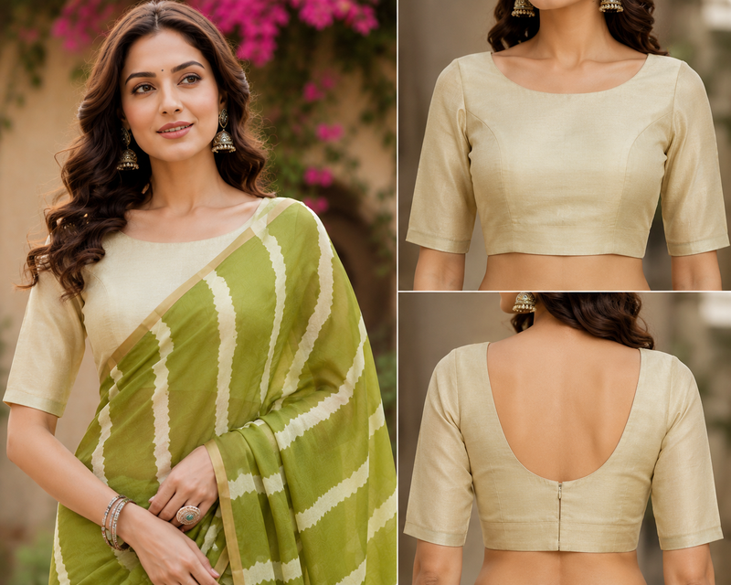 green printed chanderi cotton ready to wear saree with unstitched blouse