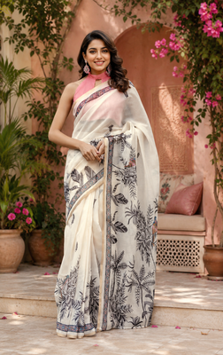 off white printed chanderi cotton ready to wear saree with unstitched blouse 1