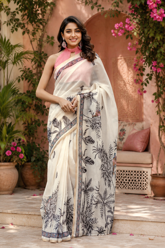 off white printed chanderi cotton ready to wear saree with unstitched blouse