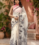 off white printed chanderi cotton ready to wear saree with unstitched blouse