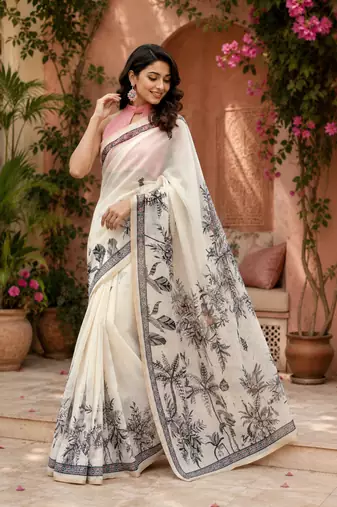 off white printed chanderi cotton ready to wear saree with unstitched blouse