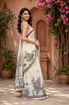 off white printed chanderi cotton ready to wear saree with unstitched blouse 3