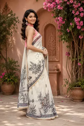 off white printed chanderi cotton ready to wear saree with unstitched blouse