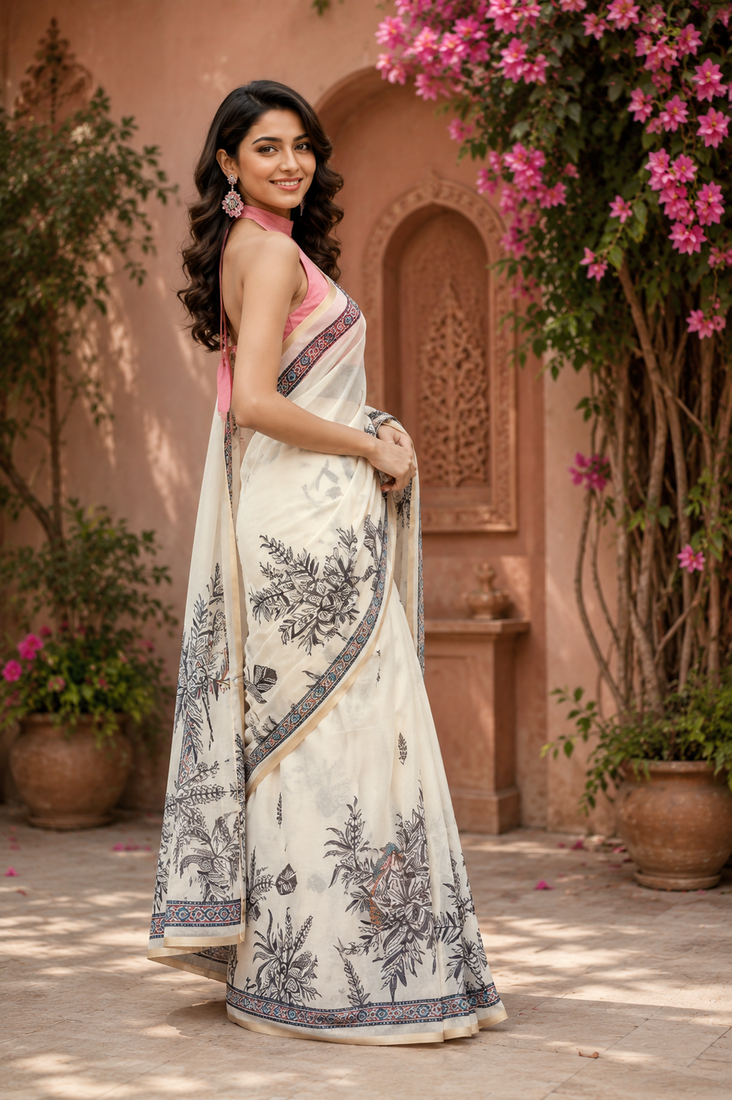 off white printed chanderi cotton ready to wear saree with unstitched blouse