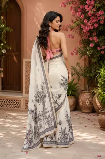 off white printed chanderi cotton ready to wear saree with unstitched blouse