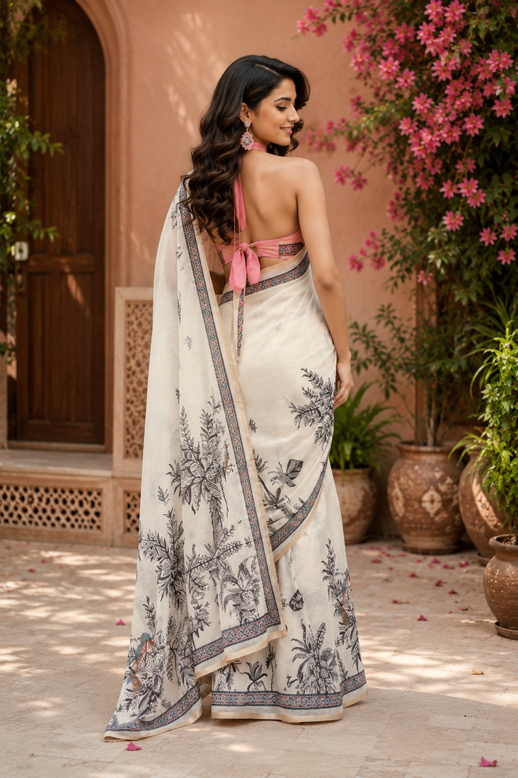 off white printed chanderi cotton ready to wear saree with unstitched blouse