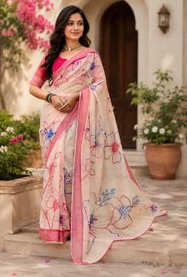 peach printed chanderi cotton ready to wear saree with unstitched blouse 1
