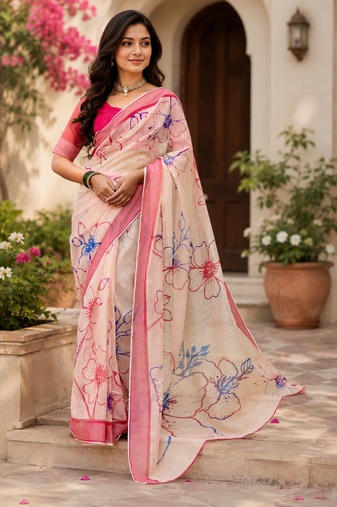 peach printed chanderi cotton ready to wear saree with unstitched blouse