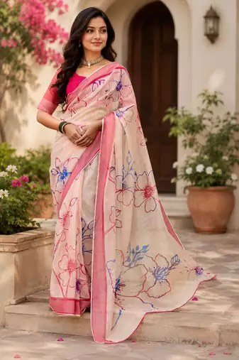 peach printed chanderi cotton ready to wear saree with unstitched blouse