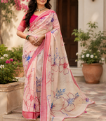 peach printed chanderi cotton ready to wear saree with unstitched blouse