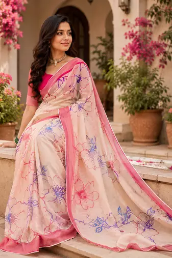 peach printed chanderi cotton ready to wear saree with unstitched blouse