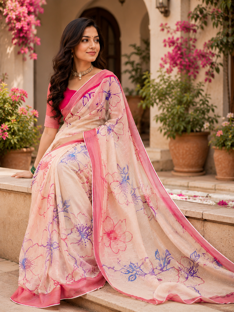 peach printed chanderi cotton ready to wear saree with unstitched blouse