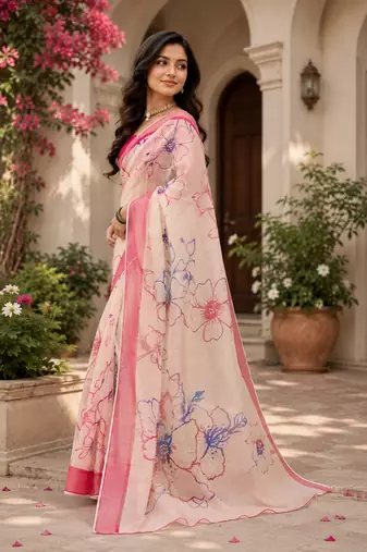 peach printed chanderi cotton ready to wear saree with unstitched blouse