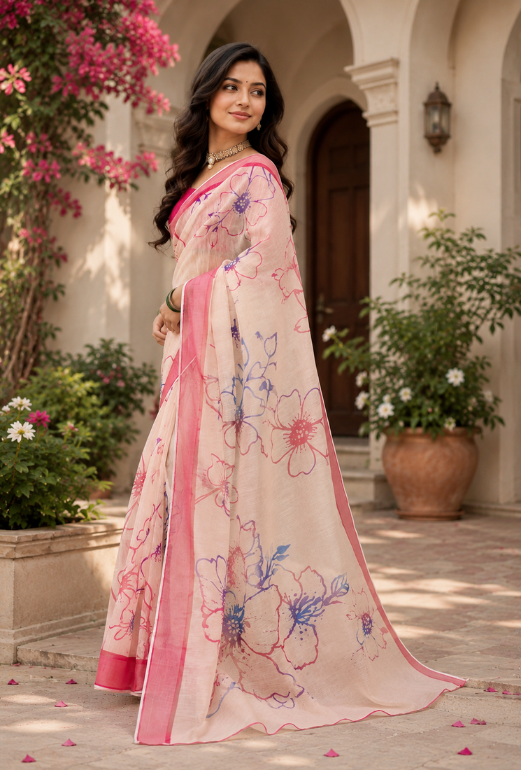 peach printed chanderi cotton ready to wear saree with unstitched blouse