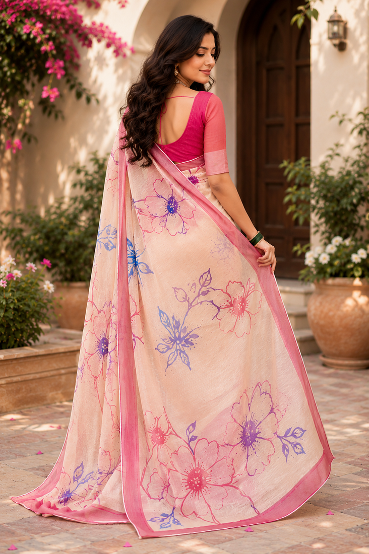 peach printed chanderi cotton ready to wear saree with unstitched blouse