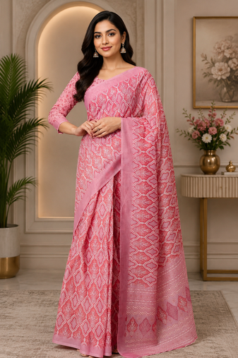 pink printed chanderi cotton ready to wear saree with unstitched blouse