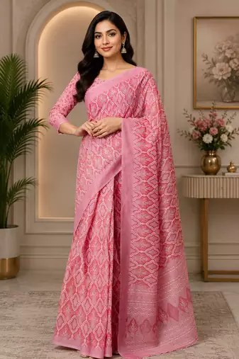 pink printed chanderi cotton ready to wear saree with unstitched blouse