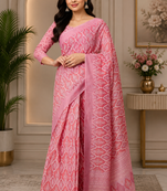 pink printed chanderi cotton ready to wear saree with unstitched blouse